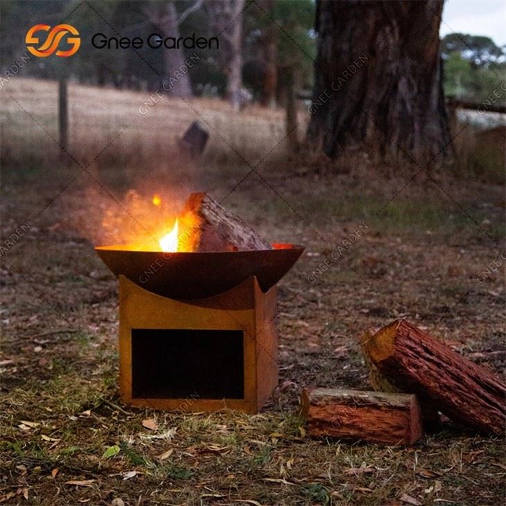 Outdoor Use With Wood Base Corten Steel Fire Pit